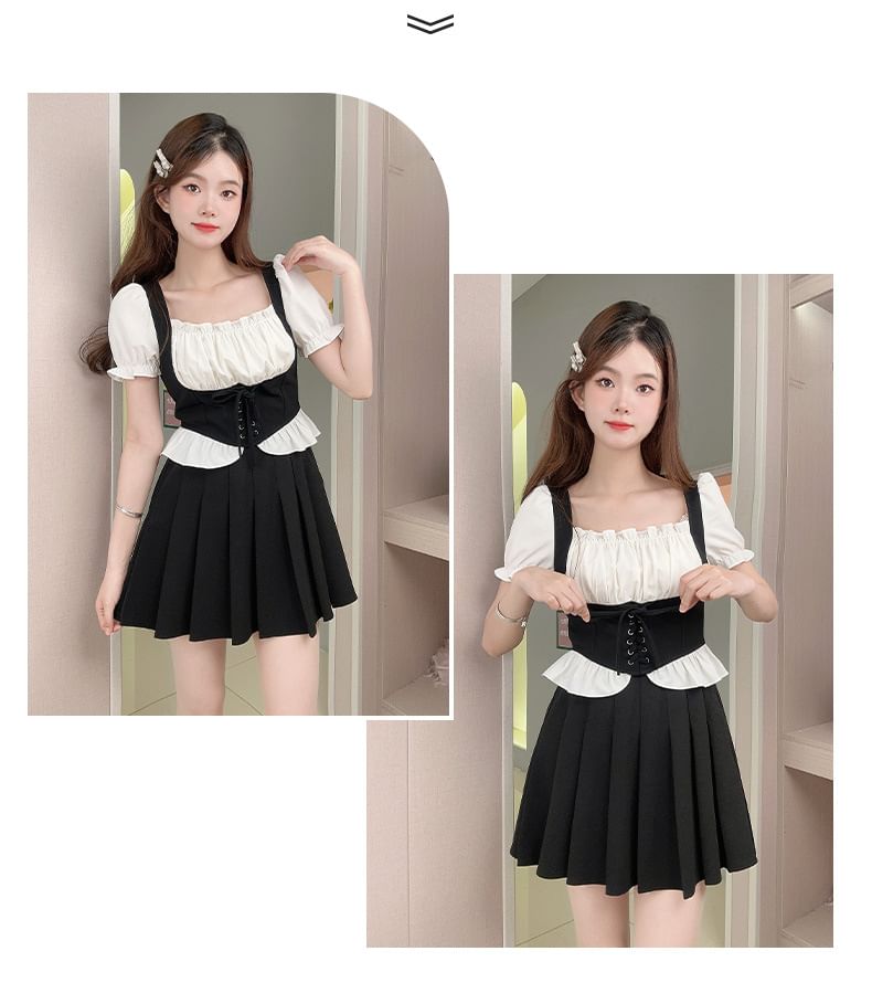 Two-Tone Puff-Sleeve Square Neck Lace-Up Blouse