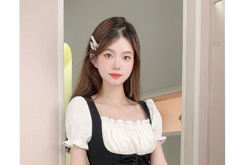 Two-Tone Puff-Sleeve Square Neck Lace-Up Blouse