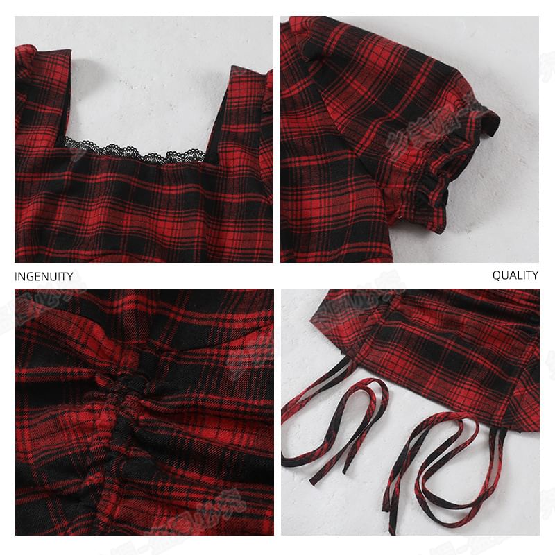 Plaid Puff-Sleeve Square Neck Lace-Trim Drawstring Blouse