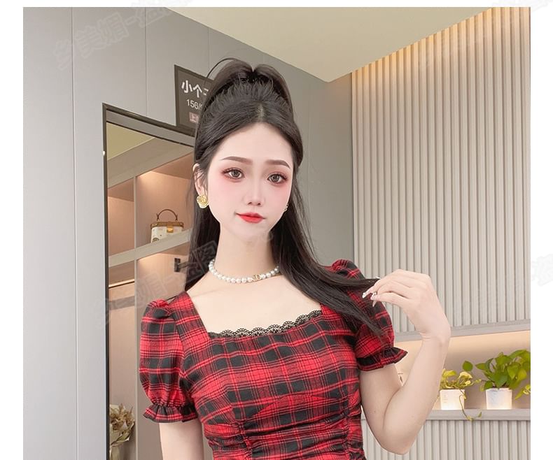 Plaid Puff-Sleeve Square Neck Lace-Trim Drawstring Blouse