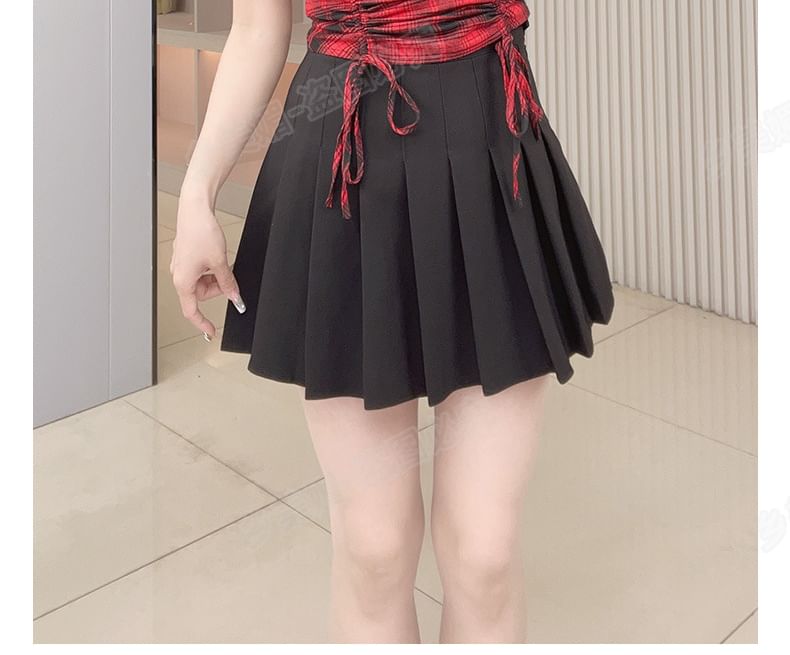 Plaid Puff-Sleeve Square Neck Lace-Trim Drawstring Blouse
