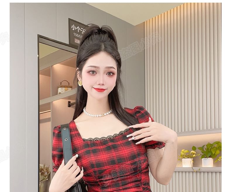 Plaid Puff-Sleeve Square Neck Lace-Trim Drawstring Blouse
