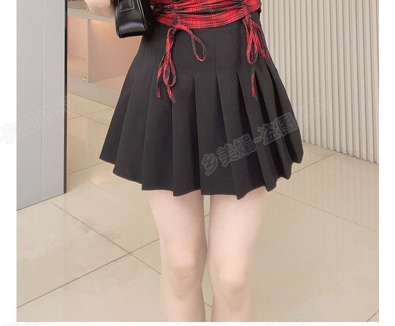 Plaid Puff-Sleeve Square Neck Lace-Trim Drawstring Blouse