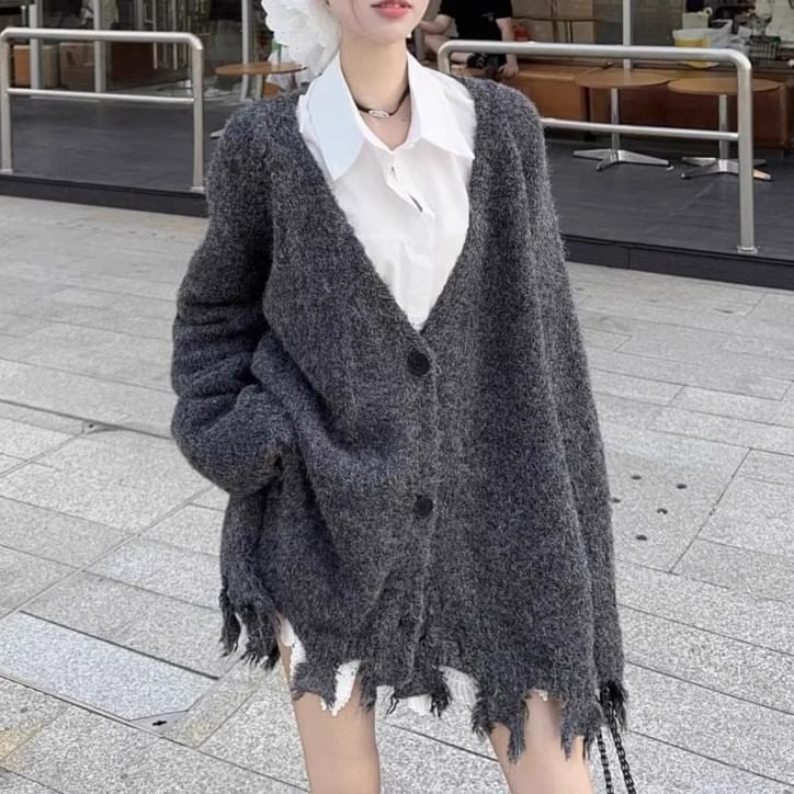 Collared Lace Blouse with Fringed Cardigan