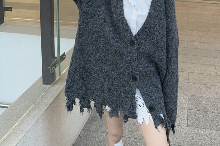 Collared Lace Blouse with Fringed Cardigan