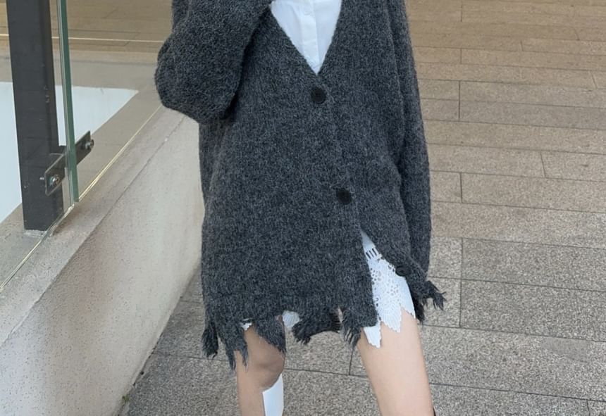 Collared Lace Blouse with Fringed Cardigan