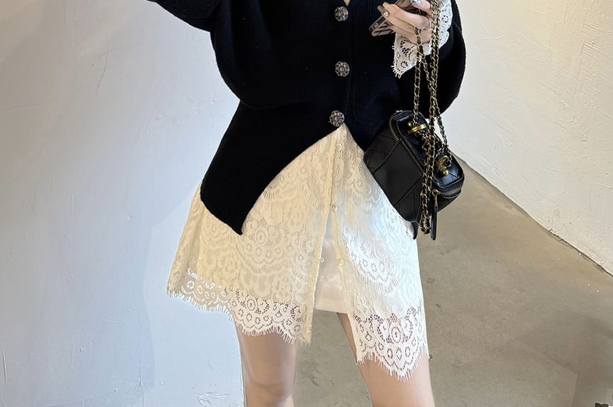Button-Up Lace Blouse with Slit Cardigan