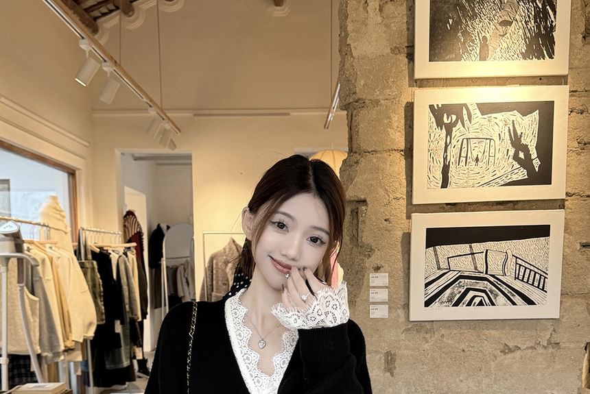 Button-Up Lace Blouse with Slit Cardigan