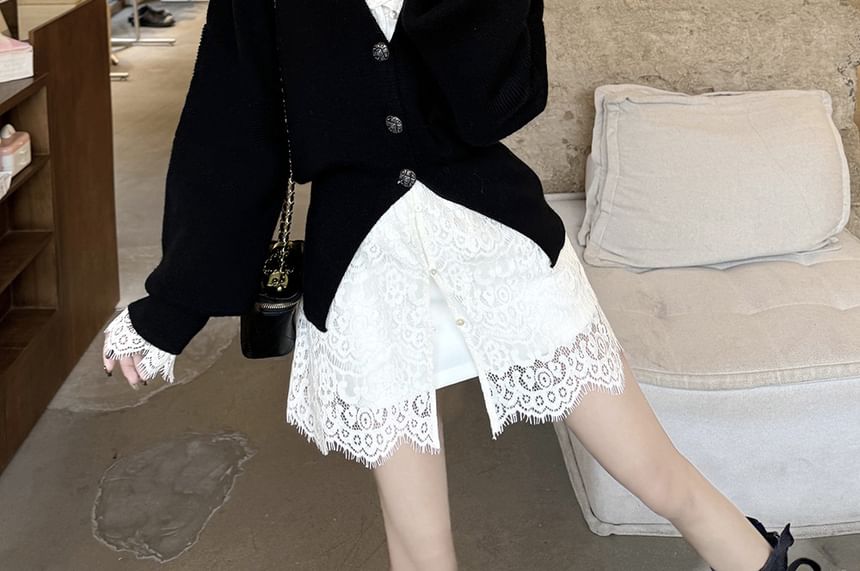 Button-Up Lace Blouse with Slit Cardigan