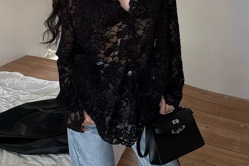 V-Neck Lace Long-Sleeved Top