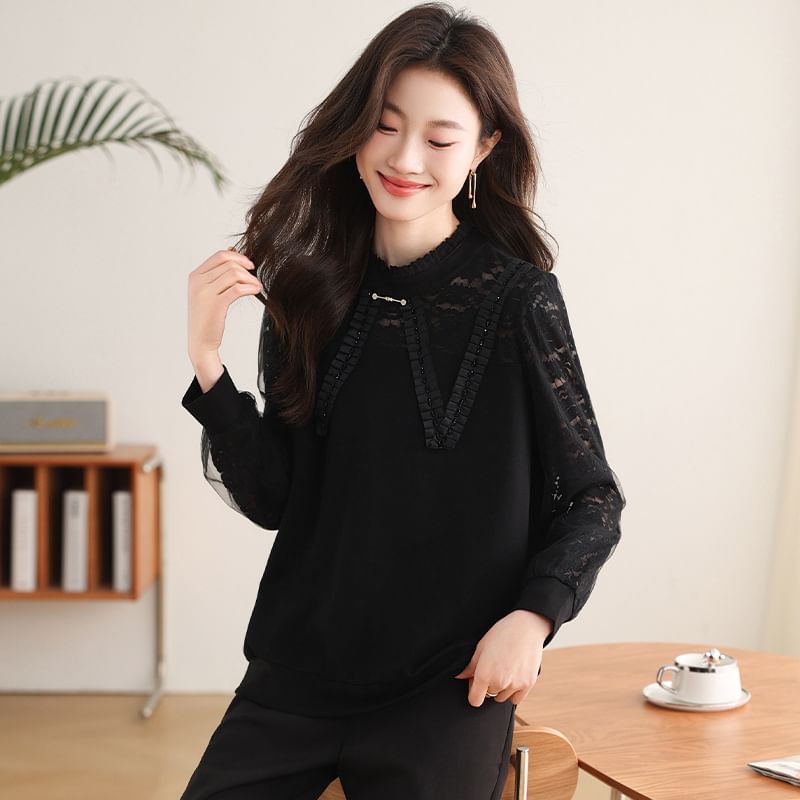 Long-Sleeved Lace Panel Frill Pullover