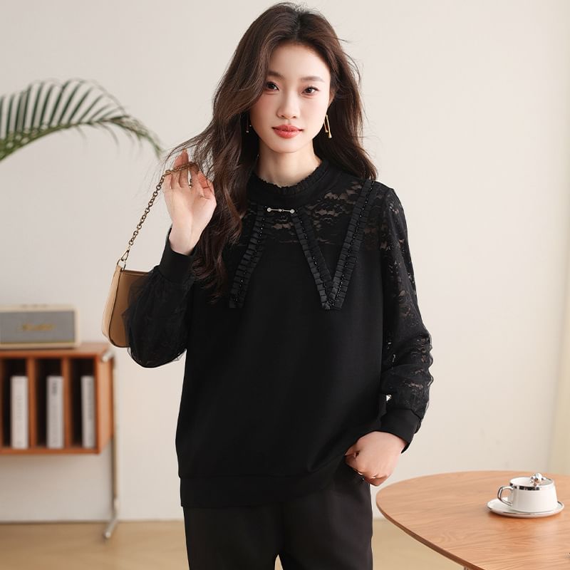 Long-Sleeved Lace Panel Frill Pullover