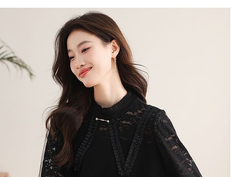 Long-Sleeved Lace Panel Frill Pullover