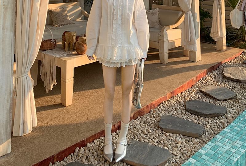 Stand Collar Eyelet Lace Pintuck Button-Up Blouse & Mini Skort