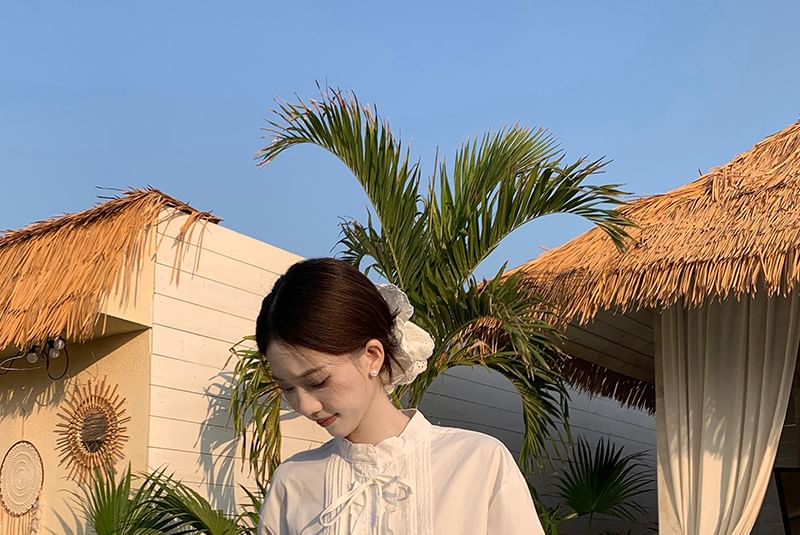Stand Collar Eyelet Lace Pintuck Button-Up Blouse & Mini Skort