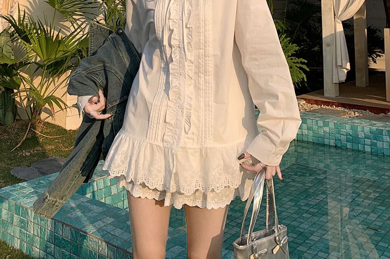 Stand Collar Eyelet Lace Pintuck Button-Up Blouse & Mini Skort