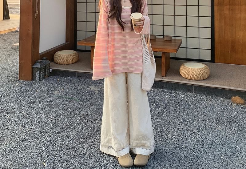 Striped Oversized Scoop Neck Tee & Lace Wide-Leg Pants