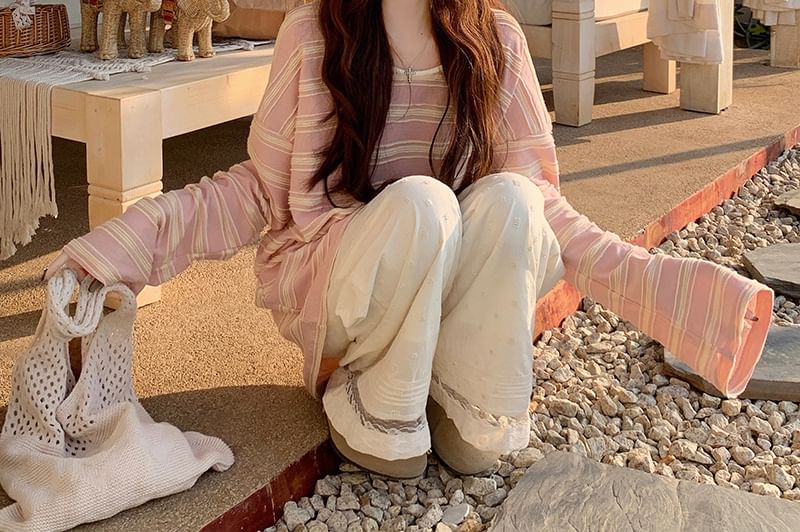 Striped Oversized Scoop Neck Tee & Lace Wide-Leg Pants