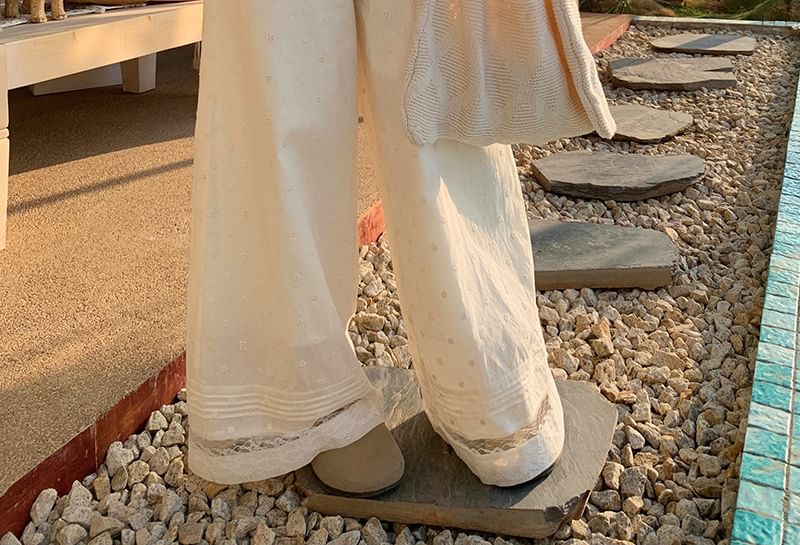 Striped Oversized Scoop Neck Tee & Lace Wide-Leg Pants