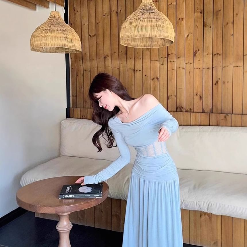 Off-Shoulder Lace Panel Crop Top & Ruched Maxi Skirt