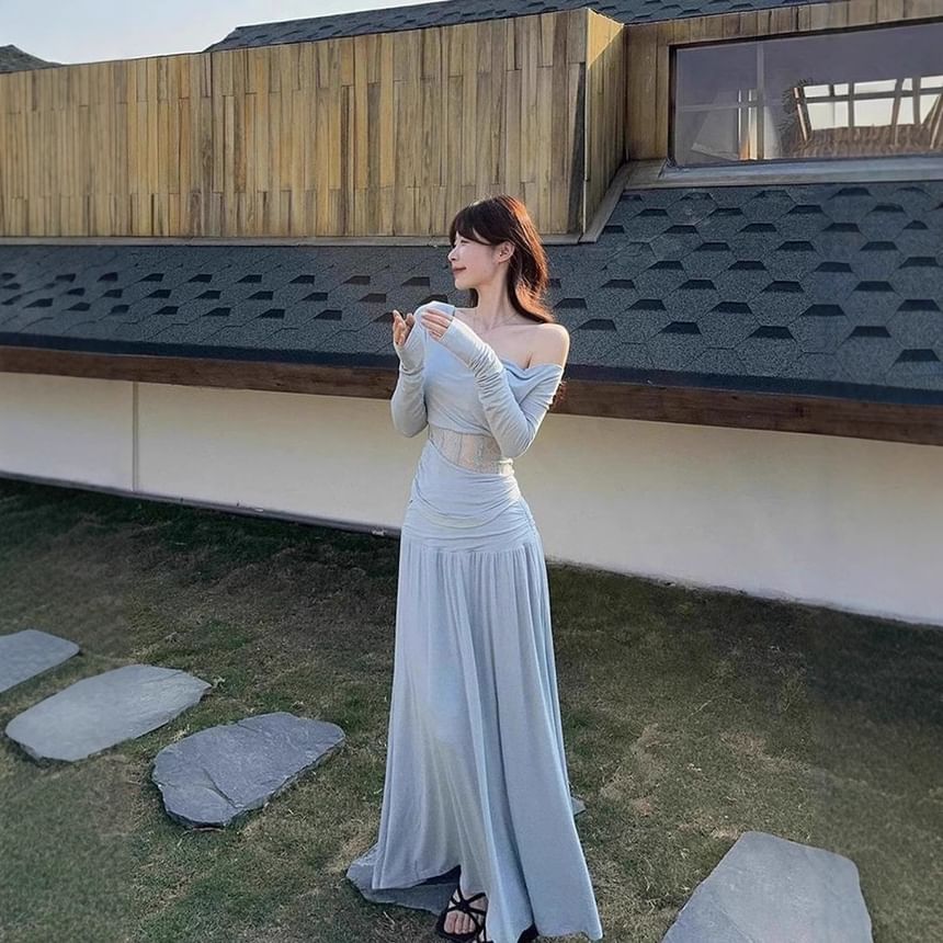 Off-Shoulder Lace Panel Crop Top & Ruched Maxi Skirt