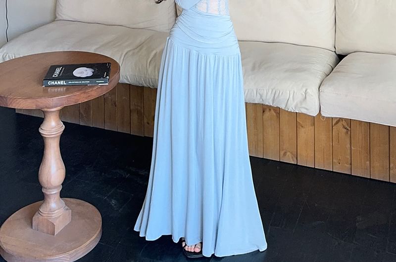 Off-Shoulder Lace Panel Crop Top & Ruched Maxi Skirt