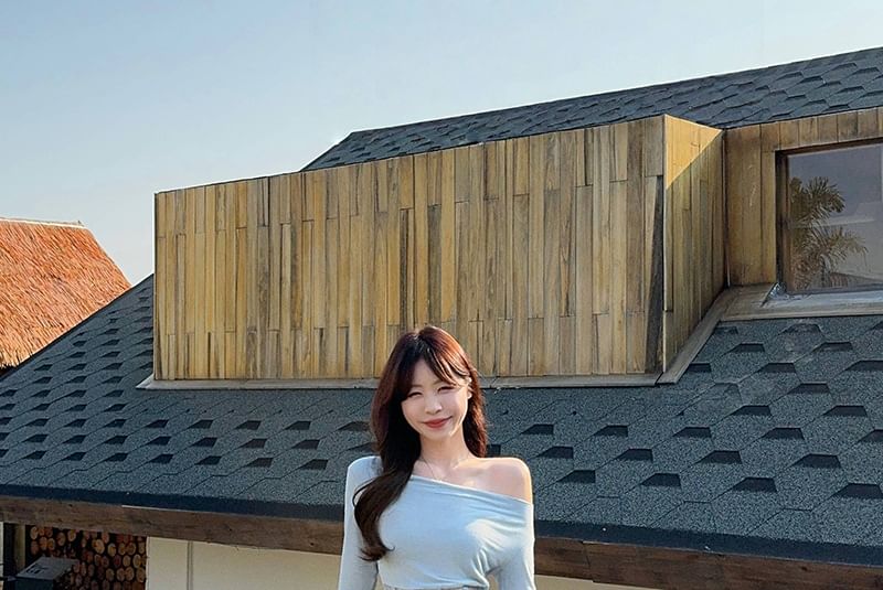 Off-Shoulder Lace Panel Crop Top & Ruched Maxi Skirt