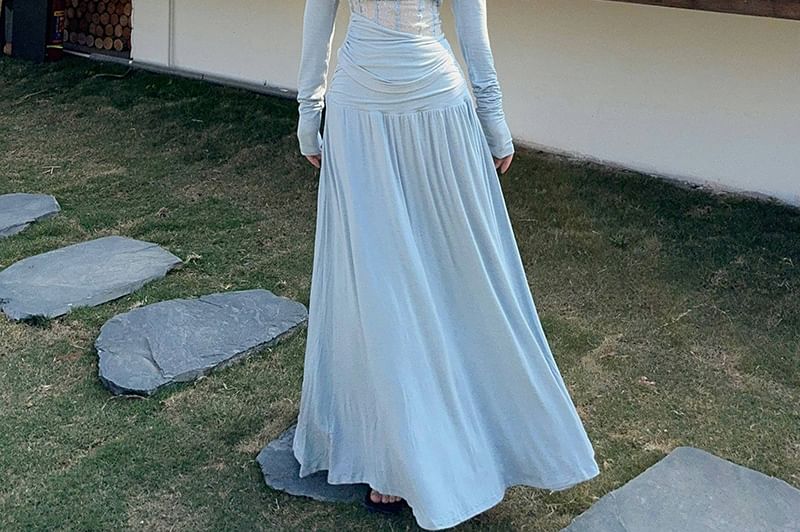 Off-Shoulder Lace Panel Crop Top & Ruched Maxi Skirt