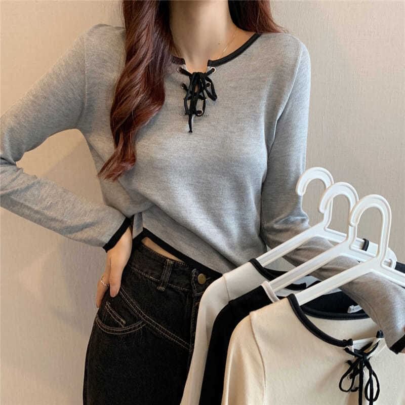 Contrast Trim Lace-Up Long-Sleeved Knit Top