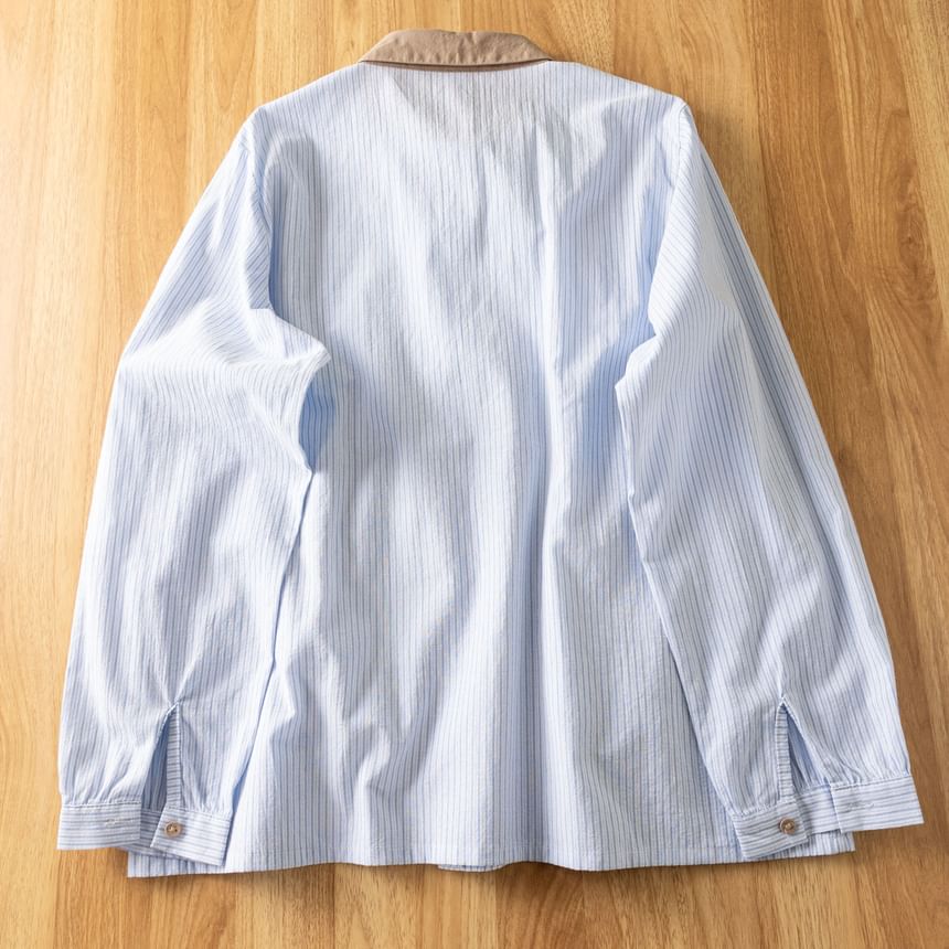 Contrast Collar Striped Lace Tassel Button-Up Blouse