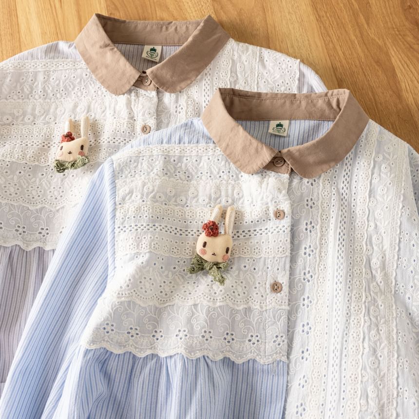 Contrast Collar Striped Lace Tassel Button-Up Blouse