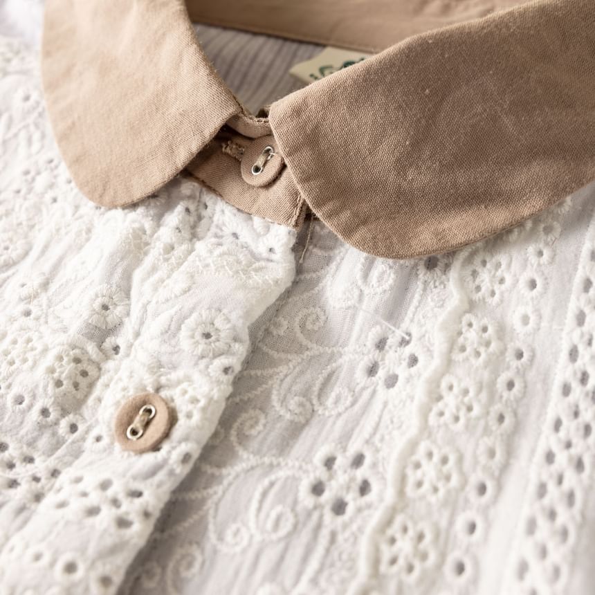 Contrast Collar Striped Lace Tassel Button-Up Blouse