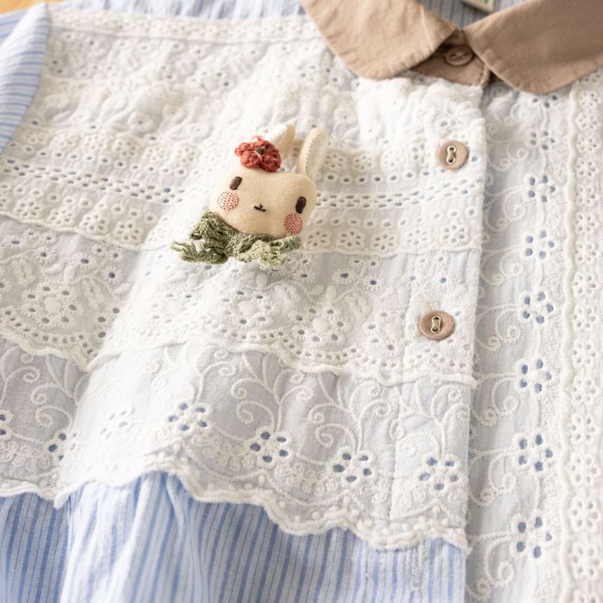 Contrast Collar Striped Lace Tassel Button-Up Blouse