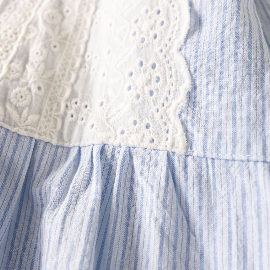 Contrast Collar Striped Lace Tassel Button-Up Blouse