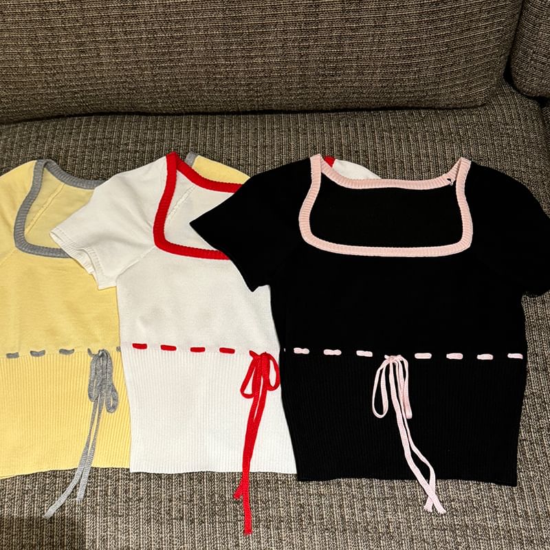 Queen Anne Neck Lace-Up Knit Crop Top