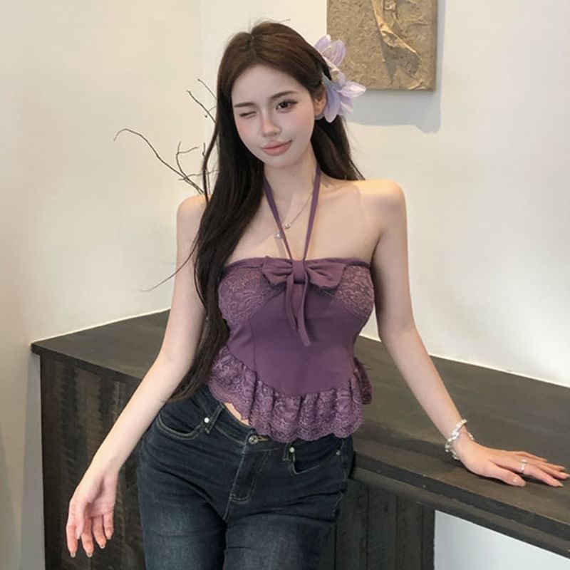 Halter Neck Lace Frill Crop Top