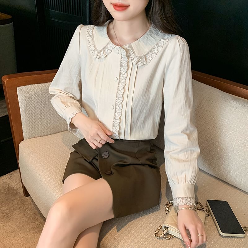 Collared Lace Panel Long-Sleeved Blouse