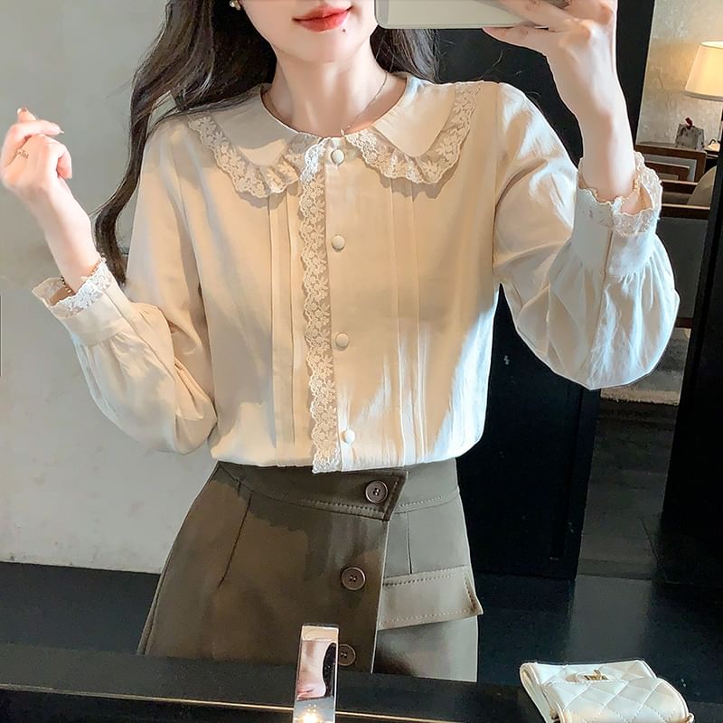 Collared Lace Panel Long-Sleeved Blouse