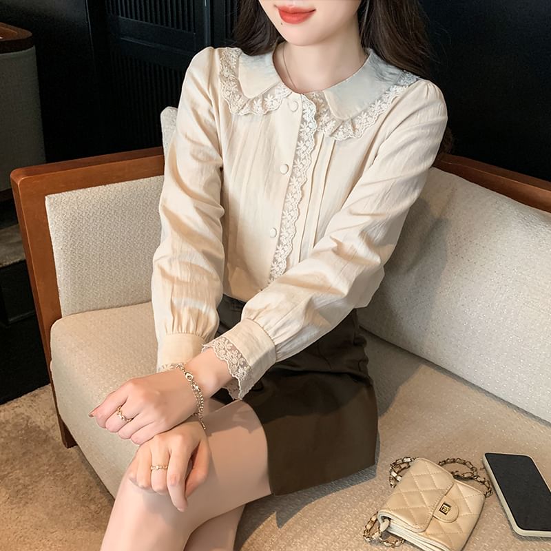 Collared Lace Panel Long-Sleeved Blouse