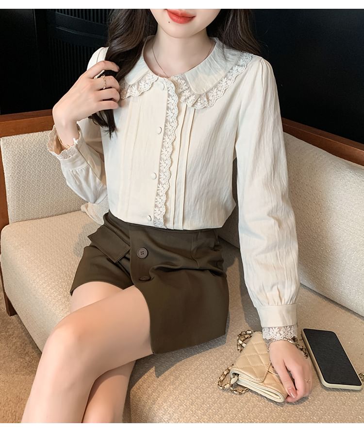 Collared Lace Panel Long-Sleeved Blouse