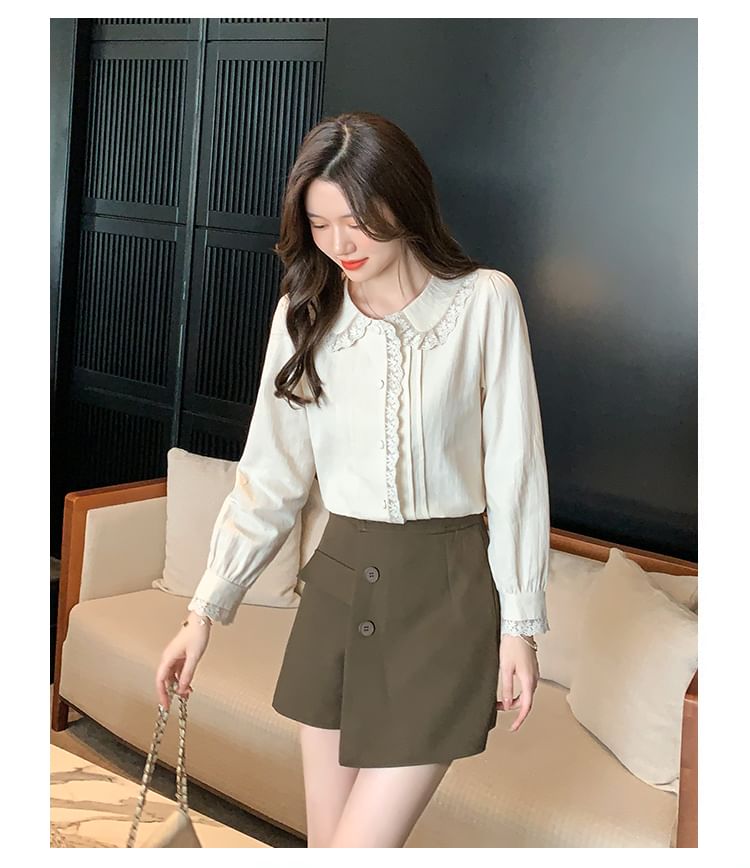Collared Lace Panel Long-Sleeved Blouse