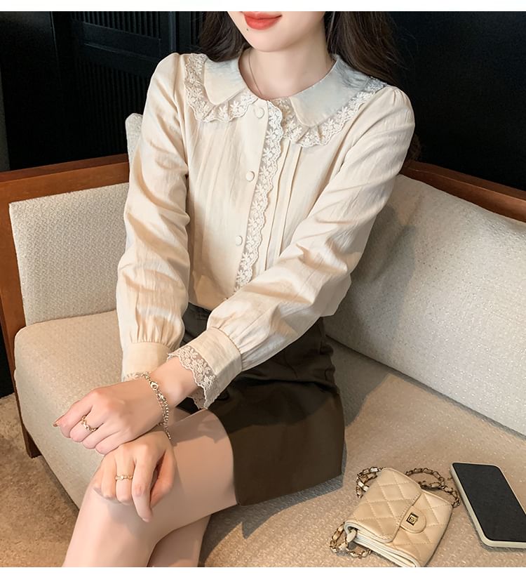 Collared Lace Panel Long-Sleeved Blouse