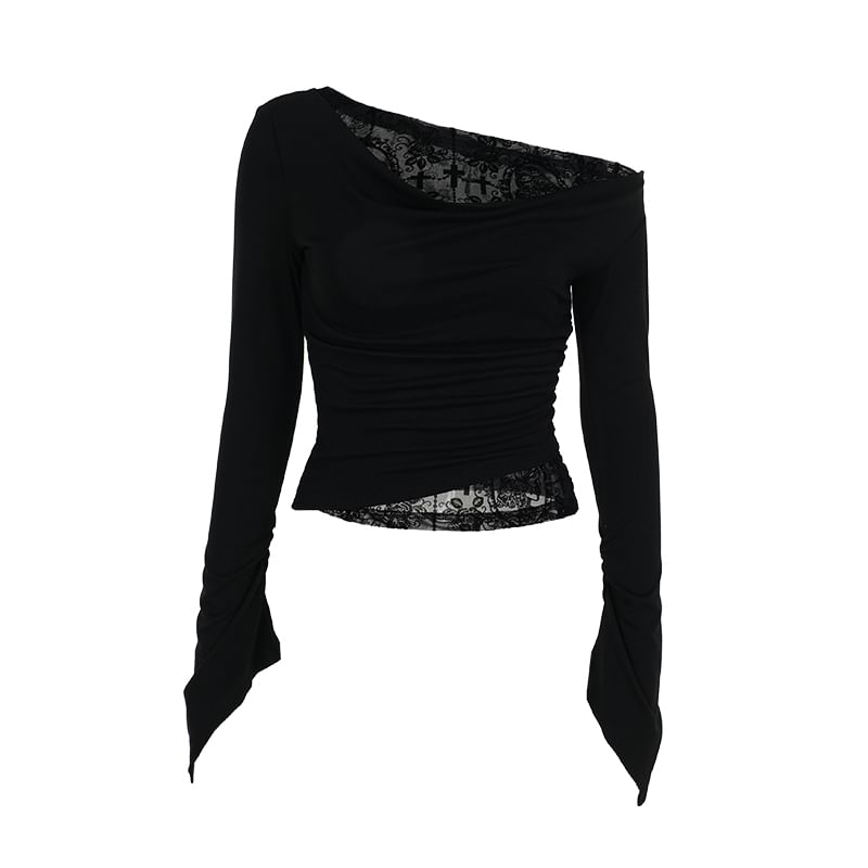 One-Shoulder Lace Panel Shirred Crop Top