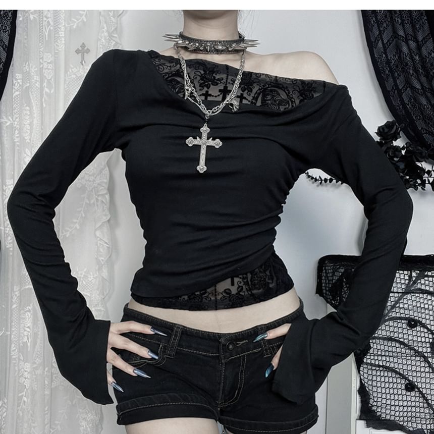 One-Shoulder Lace Panel Shirred Crop Top