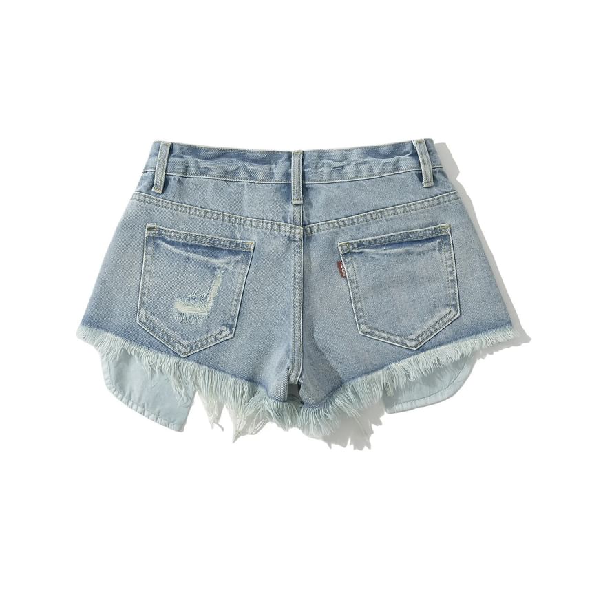 High Waist Distressed Tassel Trim Denim Shorts