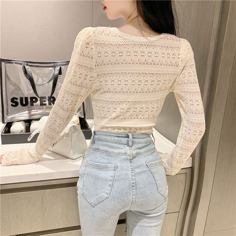 V-Neck Eyelet Lace Slim Fit Long-Sleeved Top