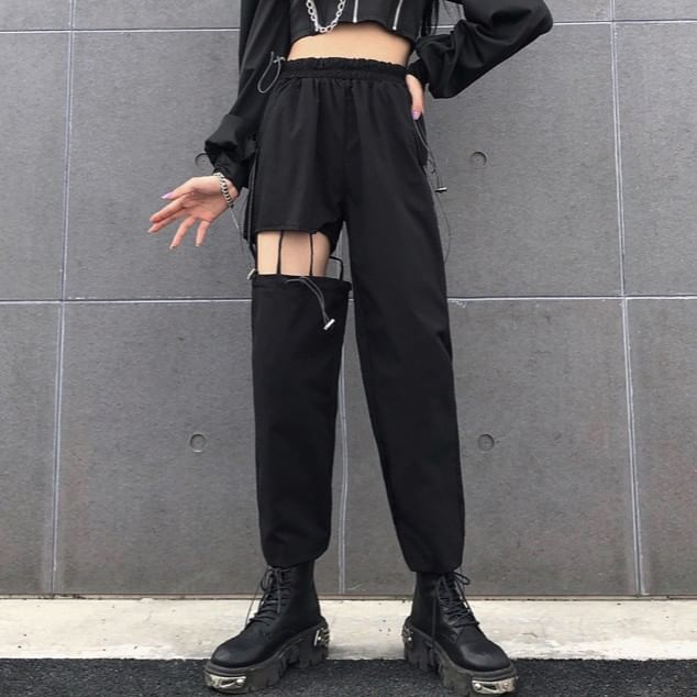 High Waist Plain Cutout Straight Leg Cargo Pants