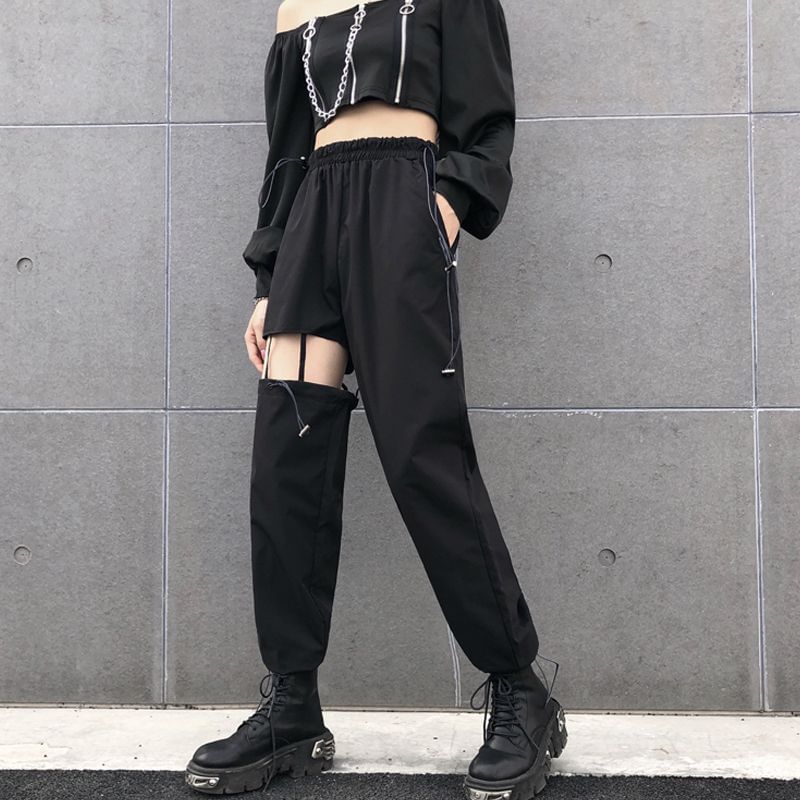 High Waist Plain Cutout Straight Leg Cargo Pants