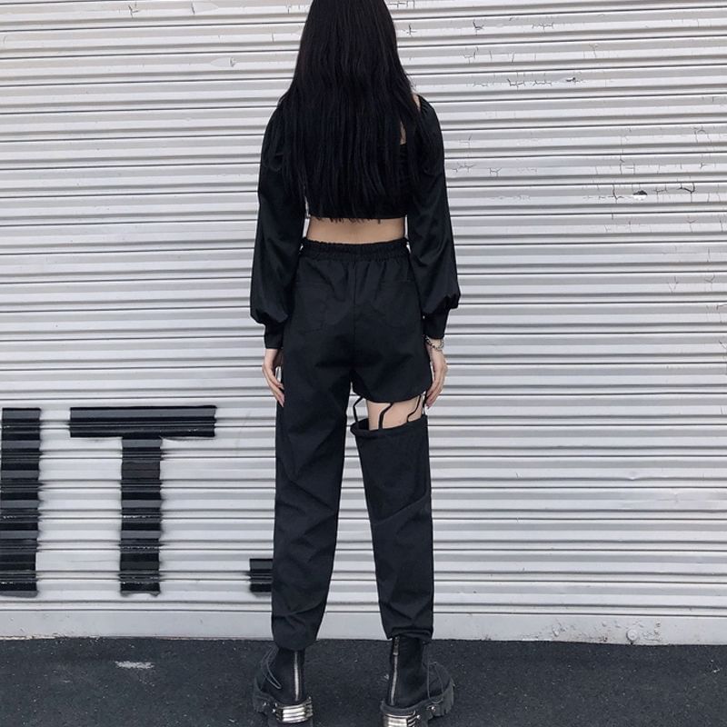 High Waist Plain Cutout Straight Leg Cargo Pants