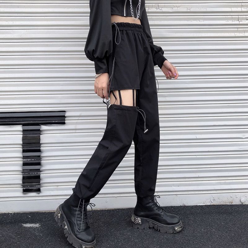 High Waist Plain Cutout Straight Leg Cargo Pants